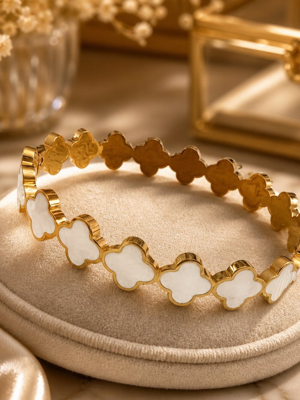 Gold and White Clover Hinged Bangle Bracelet NWOT